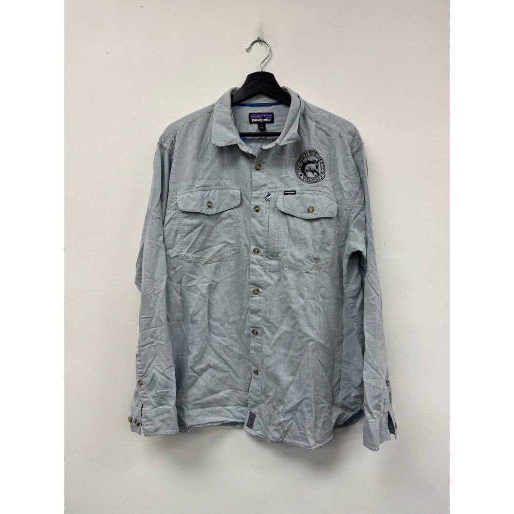 Patagonia‎ Shirt Mens Large Blue Button Front Long Sleeve Logo Outdoor Hiking